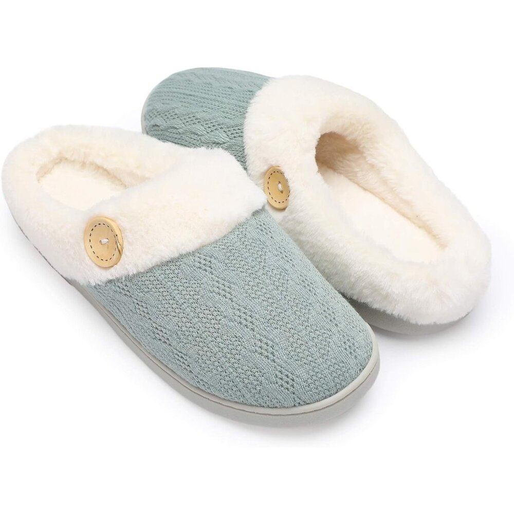 Women Warm Comfy Memory Foam House Knitted Shoes Faux Fur Lined With Rubber Sole
